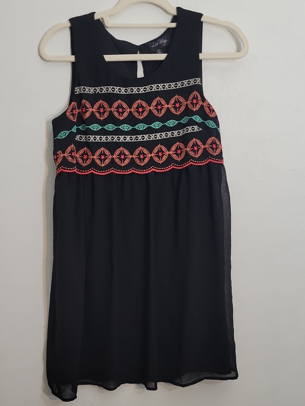 Love Reign Black Sleeveless Dress with Coral and Teal Embroidery